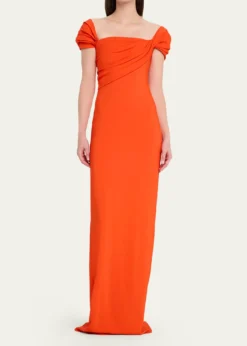 Oscar de la RentaCap-Sleeve Draped Cady Column Gown
