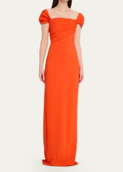 Oscar de la RentaCap-Sleeve Draped Cady Column Gown