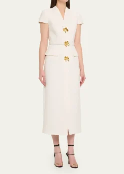 Oscar de la RentaCap-Sleeve Slub Tweed Buttoned Midi Day Dress