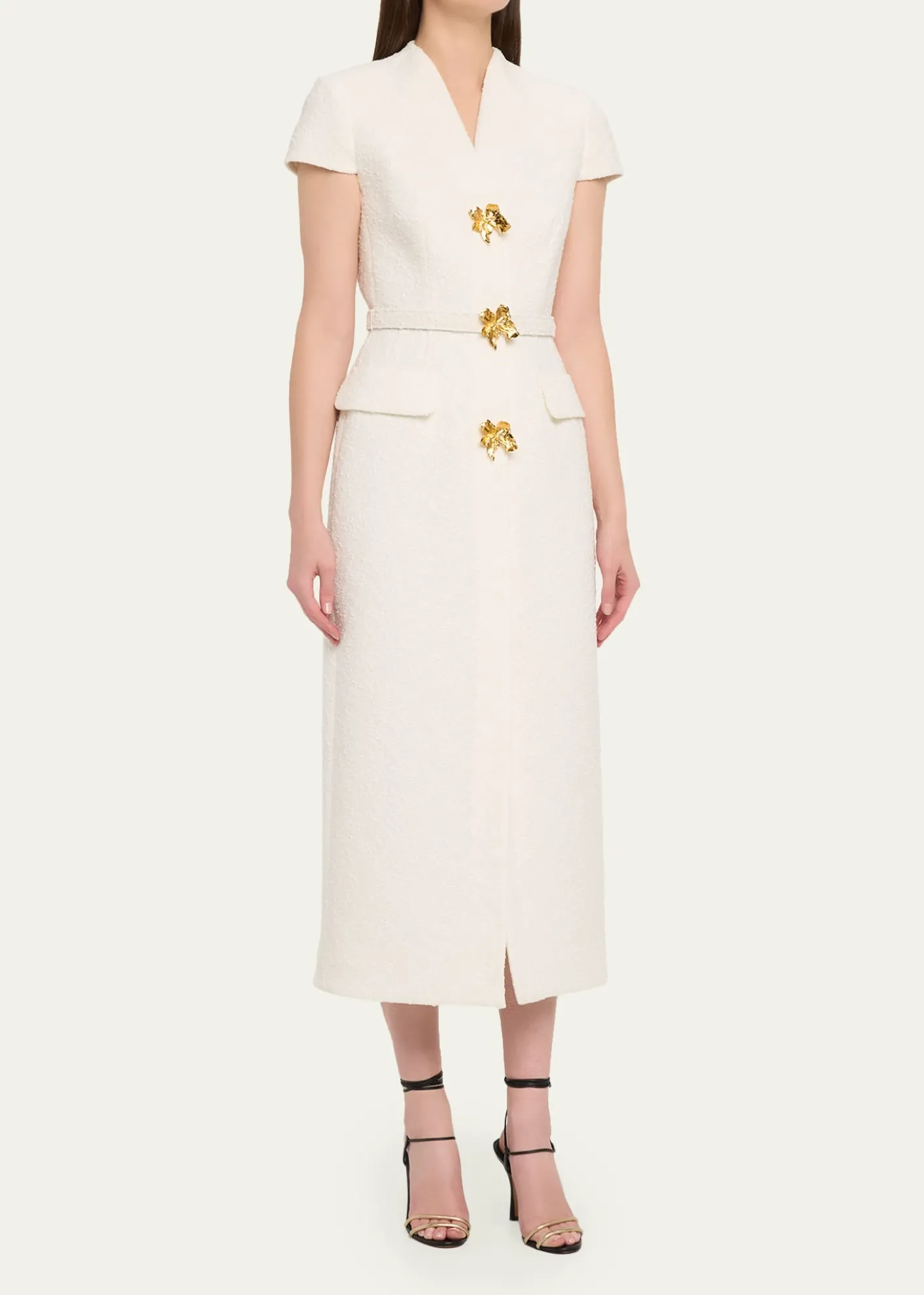 Oscar de la RentaCap-Sleeve Slub Tweed Buttoned Midi Day Dress
