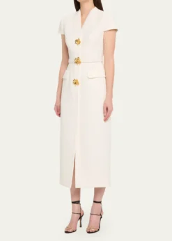 Oscar de la RentaCap-Sleeve Slub Tweed Buttoned Midi Day Dress