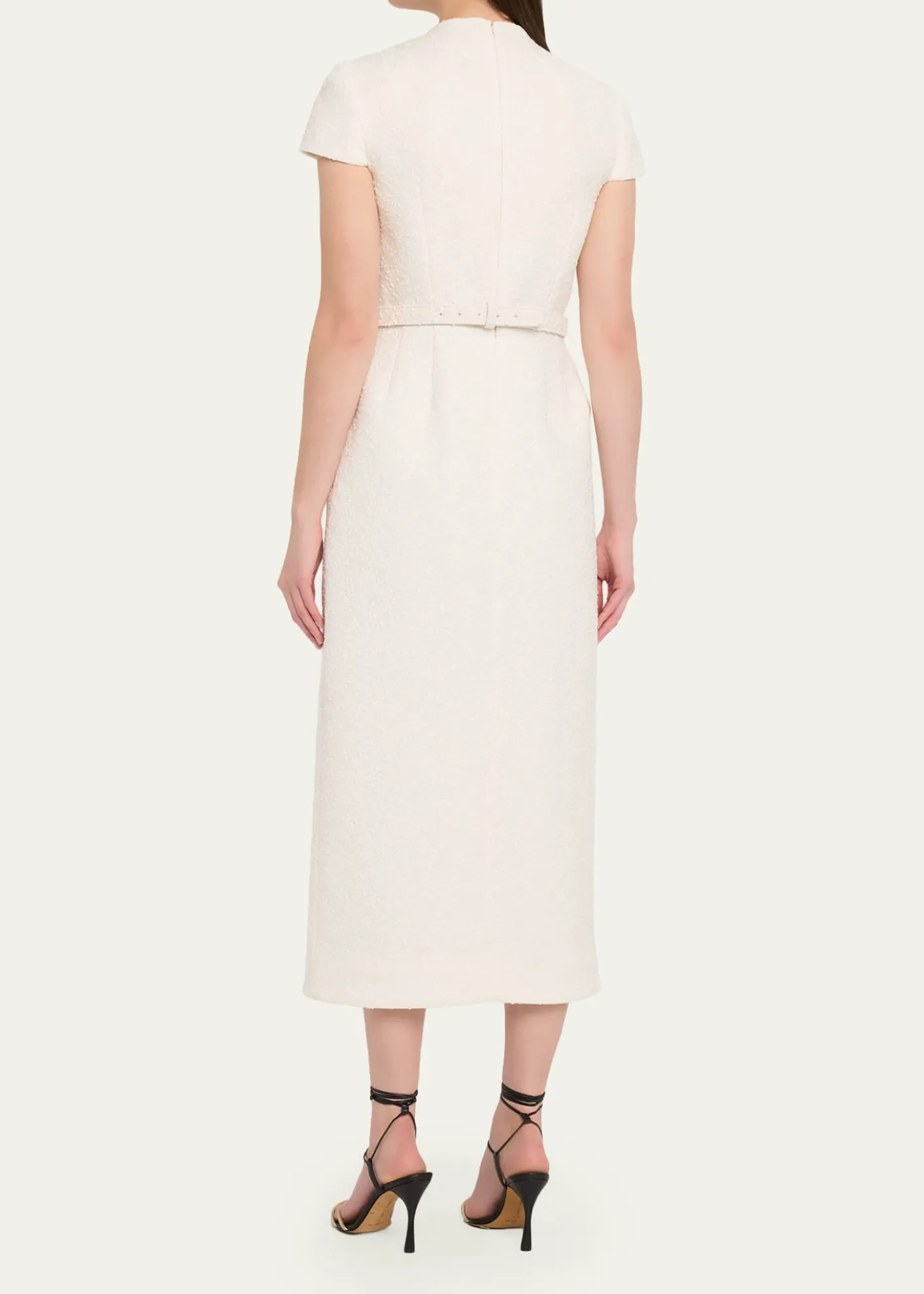 Oscar de la RentaCap-Sleeve Slub Tweed Buttoned Midi Day Dress
