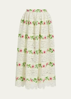 Oscar de la RentaChine Hibiscus Striped Lace-Inset Midi Skirt