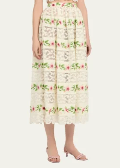 Oscar de la RentaChine Hibiscus Striped Lace-Inset Midi Skirt