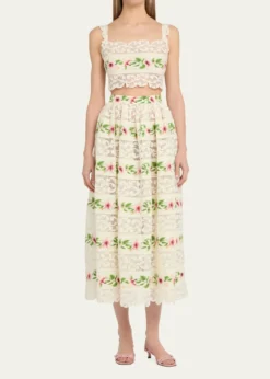 Oscar de la RentaChine Hibiscus Striped Lace-Inset Midi Skirt