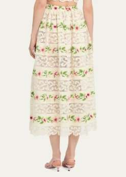 Oscar de la RentaChine Hibiscus Striped Lace-Inset Midi Skirt