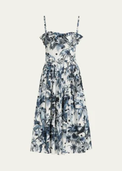 Oscar de la RentaDotted Palm-Print Ruffle Sleeveless Midi Dress With Belt