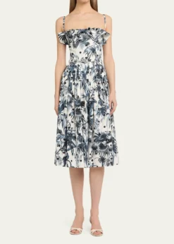 Oscar de la RentaDotted Palm-Print Ruffle Sleeveless Midi Dress With Belt