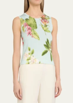 Oscar de la RentaFloral-Print Cotton Knit Sleeveless Top
