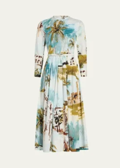 Oscar de la RentaLong-Sleeve Landscape-Print Cotton Poplin Midi Shirtdress With Belt