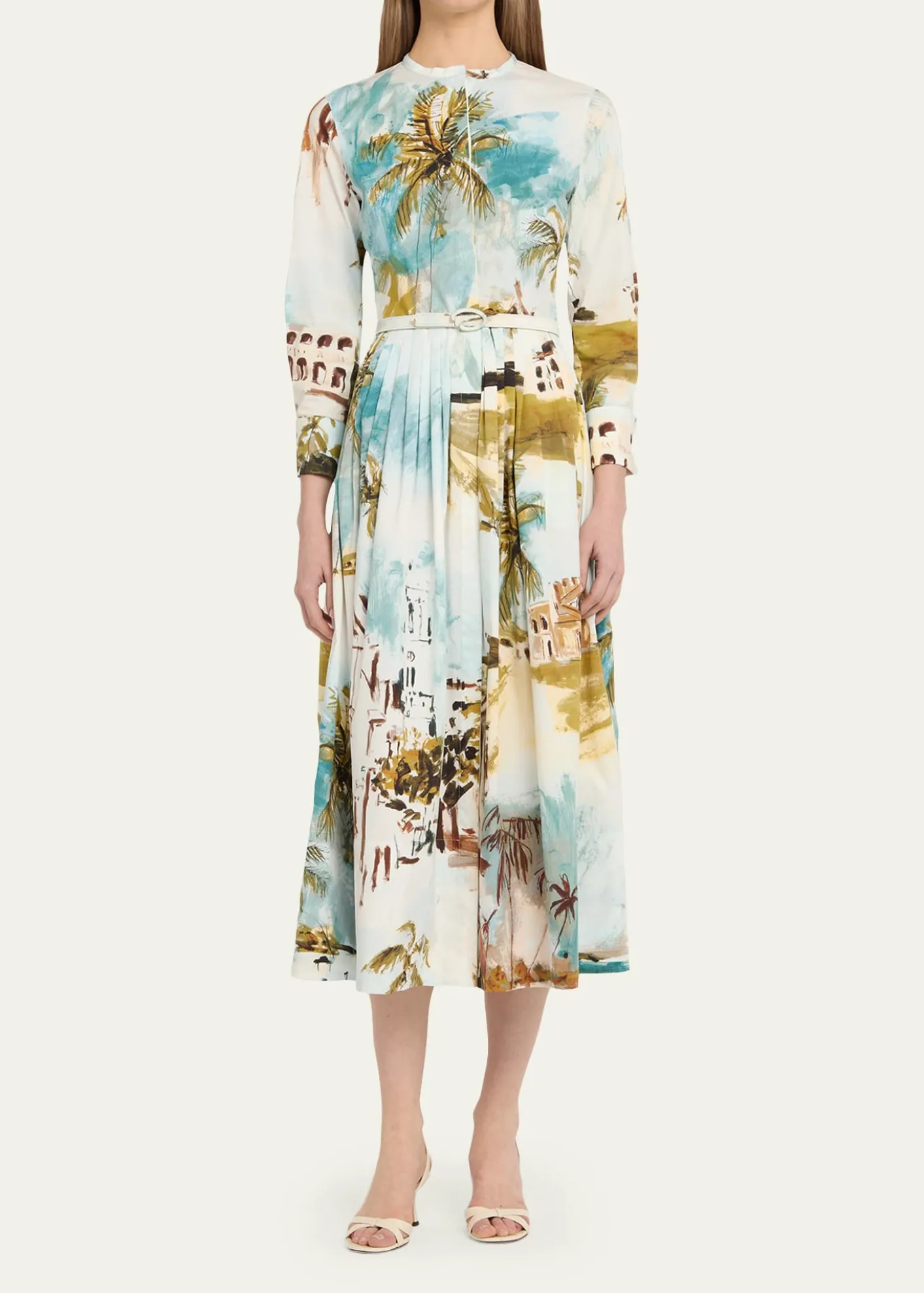 Oscar de la RentaLong-Sleeve Landscape-Print Cotton Poplin Midi Shirtdress With Belt