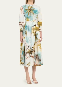 Oscar de la RentaLong-Sleeve Landscape-Print Cotton Poplin Midi Shirtdress With Belt