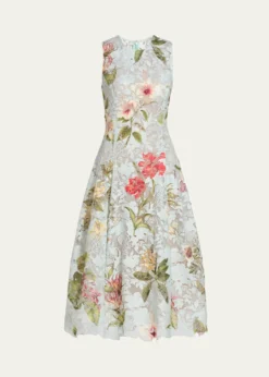 Oscar de la RentaMulti Domican Floral Print Lace Midi Dress