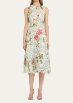 Oscar de la RentaMulti Domican Floral Print Lace Midi Dress