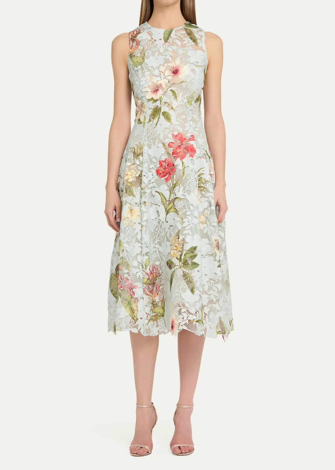 Oscar de la RentaMulti Domican Floral Print Lace Midi Dress