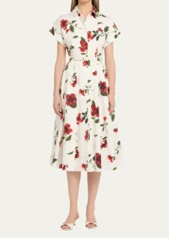 Oscar de la RentaShort-Sleeve Hibiscus Cotton Poplin Midi Shirtdress With Belt