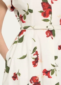 Oscar de la RentaShort-Sleeve Hibiscus Cotton Poplin Midi Shirtdress With Belt