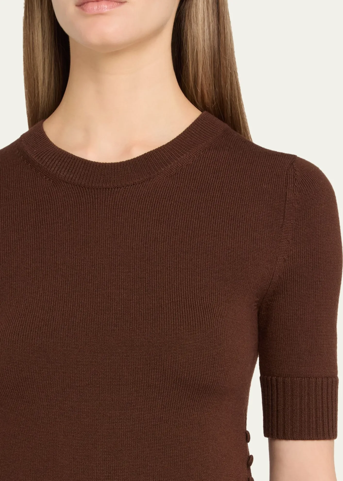 Oscar de la RentaShort-Sleeve Button-Side Crewneck Sweater