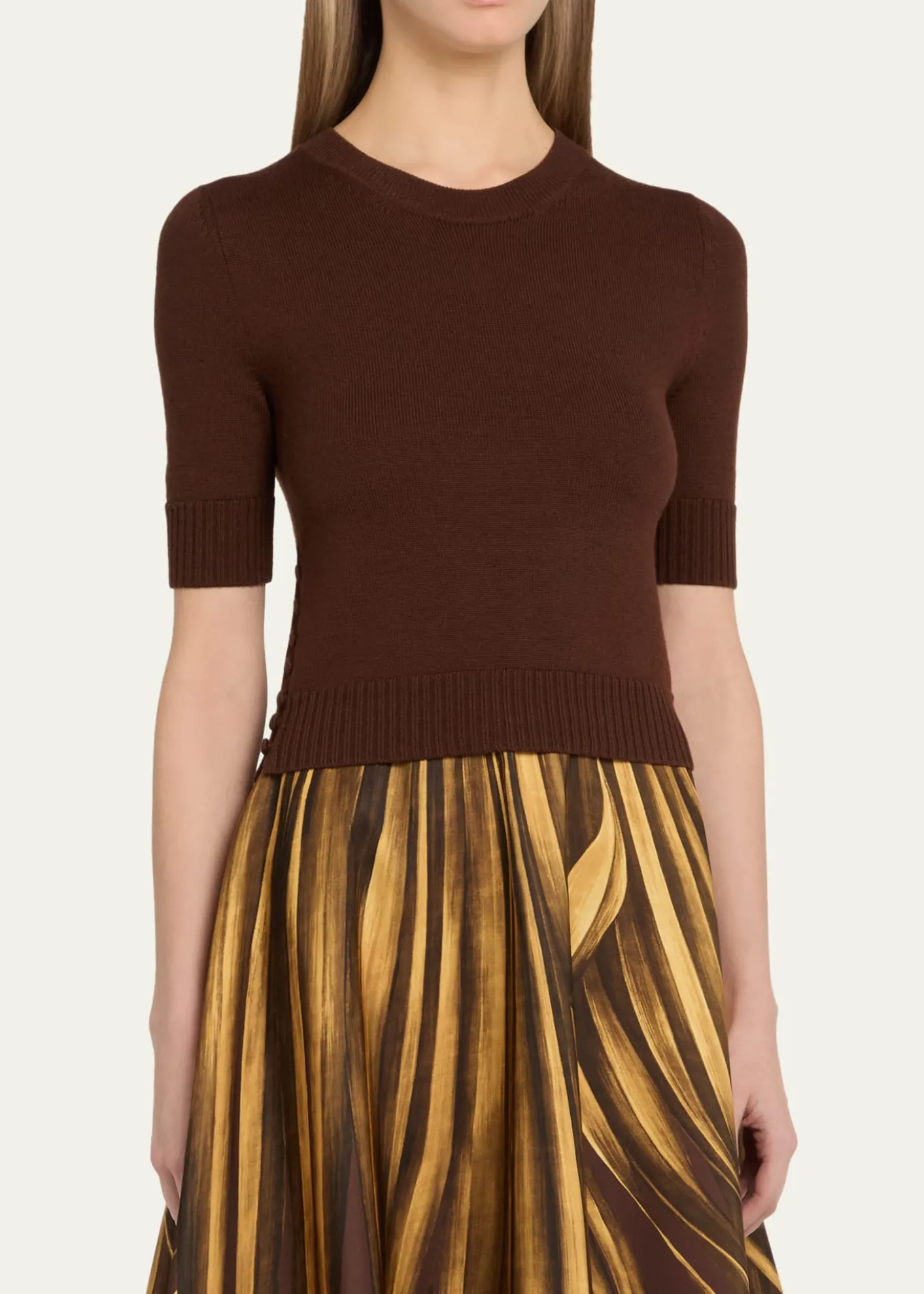 Oscar de la RentaShort-Sleeve Button-Side Crewneck Sweater