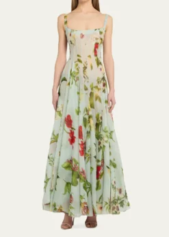 Oscar de la RentaSleeveless Chine Hibiscus Silk Gazar Trumpet Gown