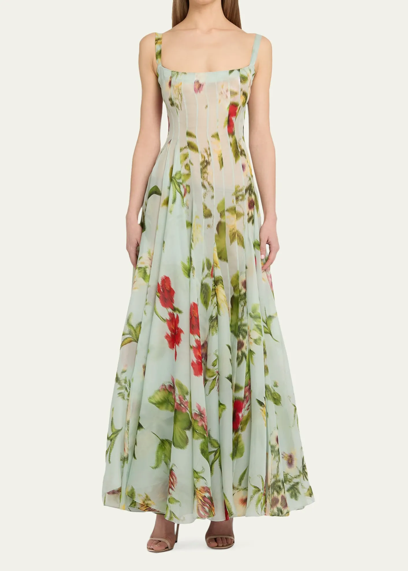 Oscar de la RentaSleeveless Chine Hibiscus Silk Gazar Trumpet Gown