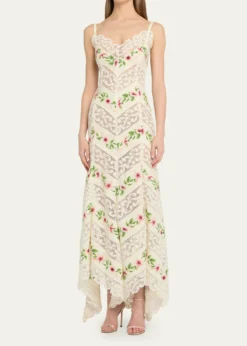 Oscar de la RentaSleeveless Chine Hibiscus Floral Chevron Maxi Dress