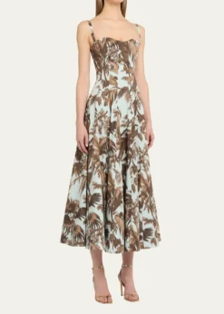 Oscar de la RentaSleeveless Chine Hibiscus Cotton Poplin Midi Dress