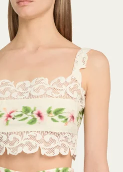 Oscar de la RentaSleeveless Chine Hibiscus-Print Lace-Trim Crop Top