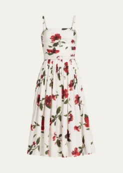 Oscar de la RentaSleeveless Hibiscus Print Cotton Pleated Midi Dress