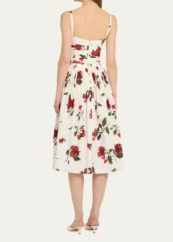 Oscar de la RentaSleeveless Hibiscus Print Cotton Pleated Midi Dress