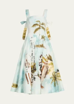 Oscar de la RentaSleeveless Landscape-Print Poplin Midi Dress