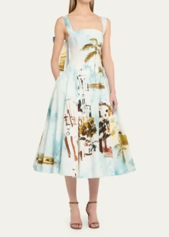 Oscar de la RentaSleeveless Landscape-Print Poplin Midi Dress