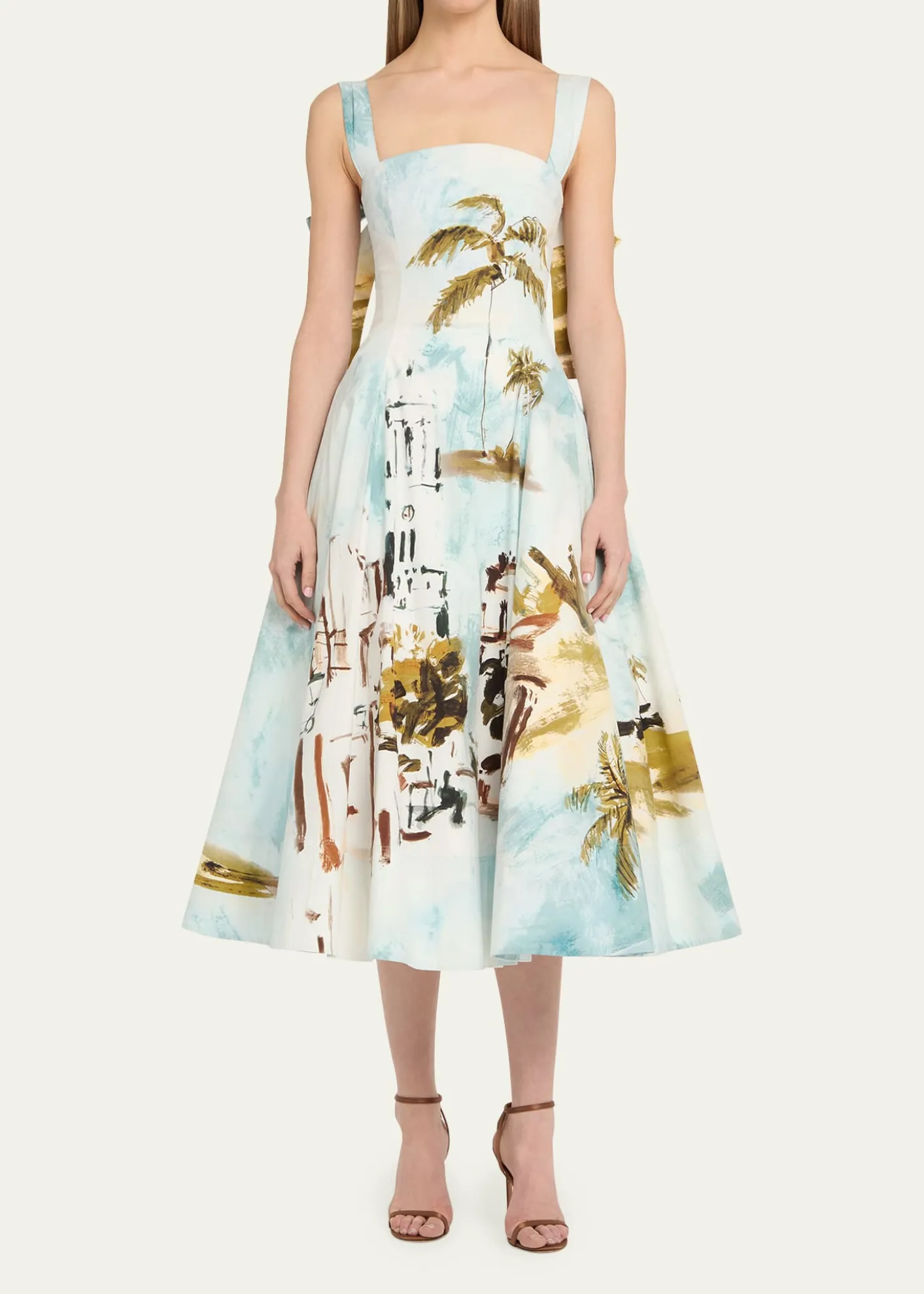 Oscar de la RentaSleeveless Landscape-Print Poplin Midi Dress