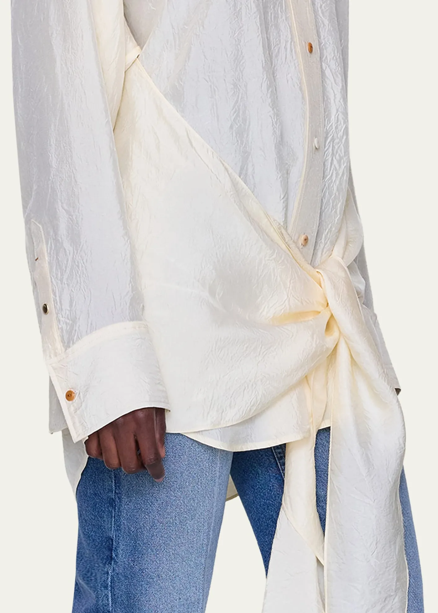 OssouArroya Tie-Front Crinkled Satin Shirt