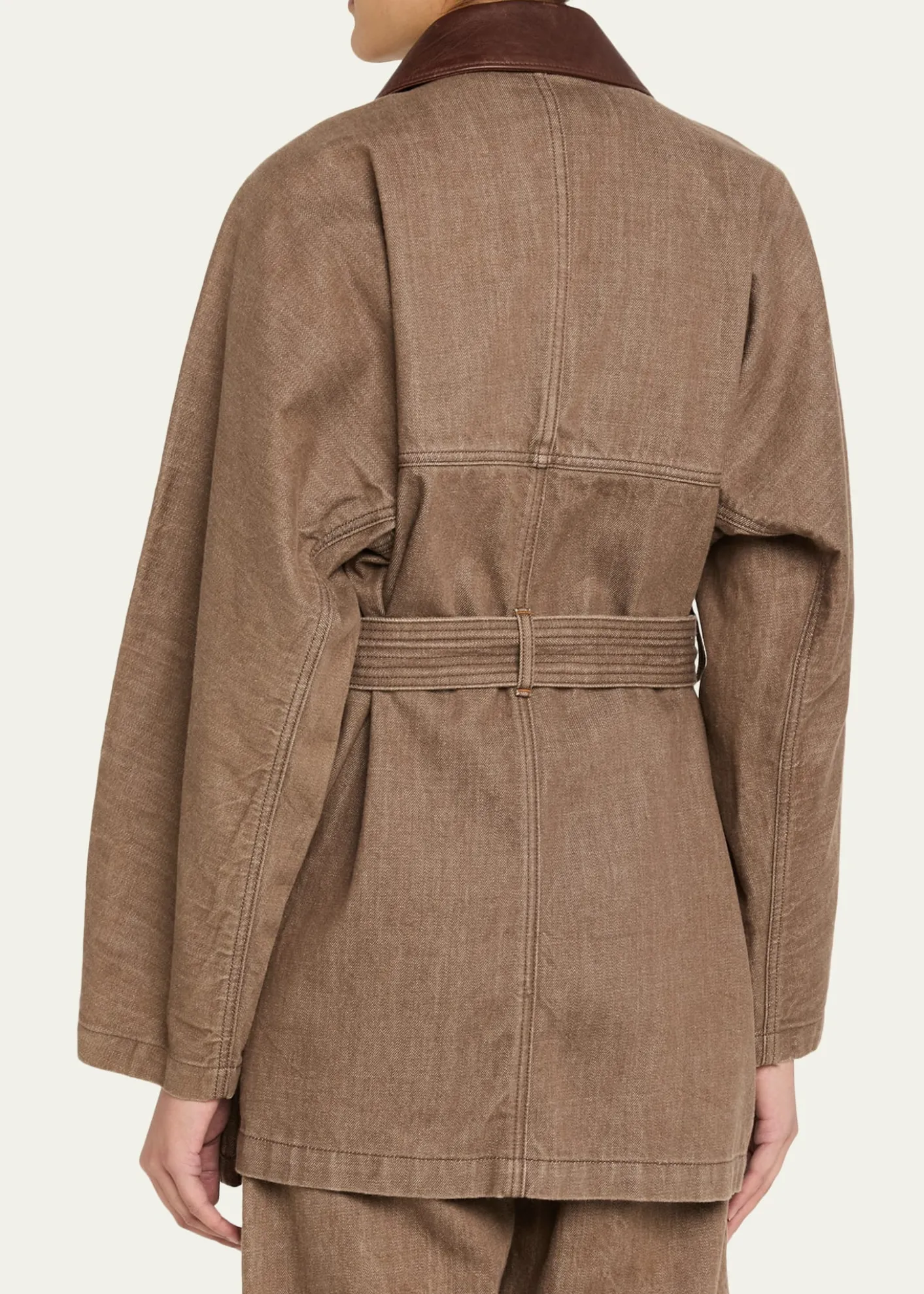 OssouSweep Belted Denim Jacket with Leather Collar