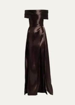 Pamella RolandLiquid Organza Off-The-Shoulder Slit Gown