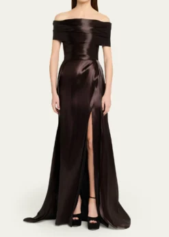 Pamella RolandLiquid Organza Off-The-Shoulder Slit Gown
