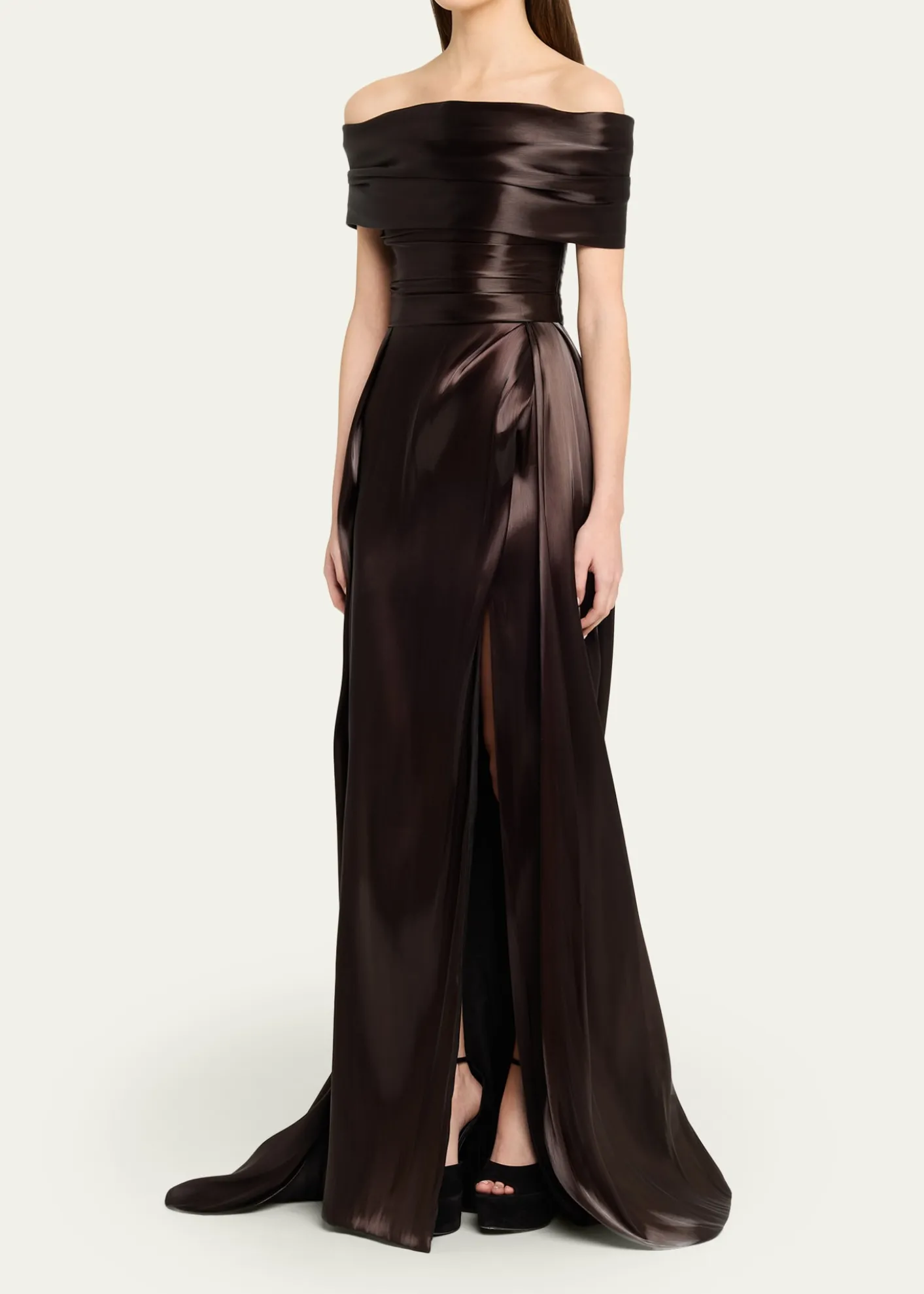 Pamella RolandLiquid Organza Off-The-Shoulder Slit Gown