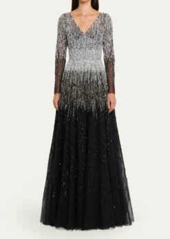 Pamella RolandOmbre Embroidered Tulle Long-Sleeve Gown