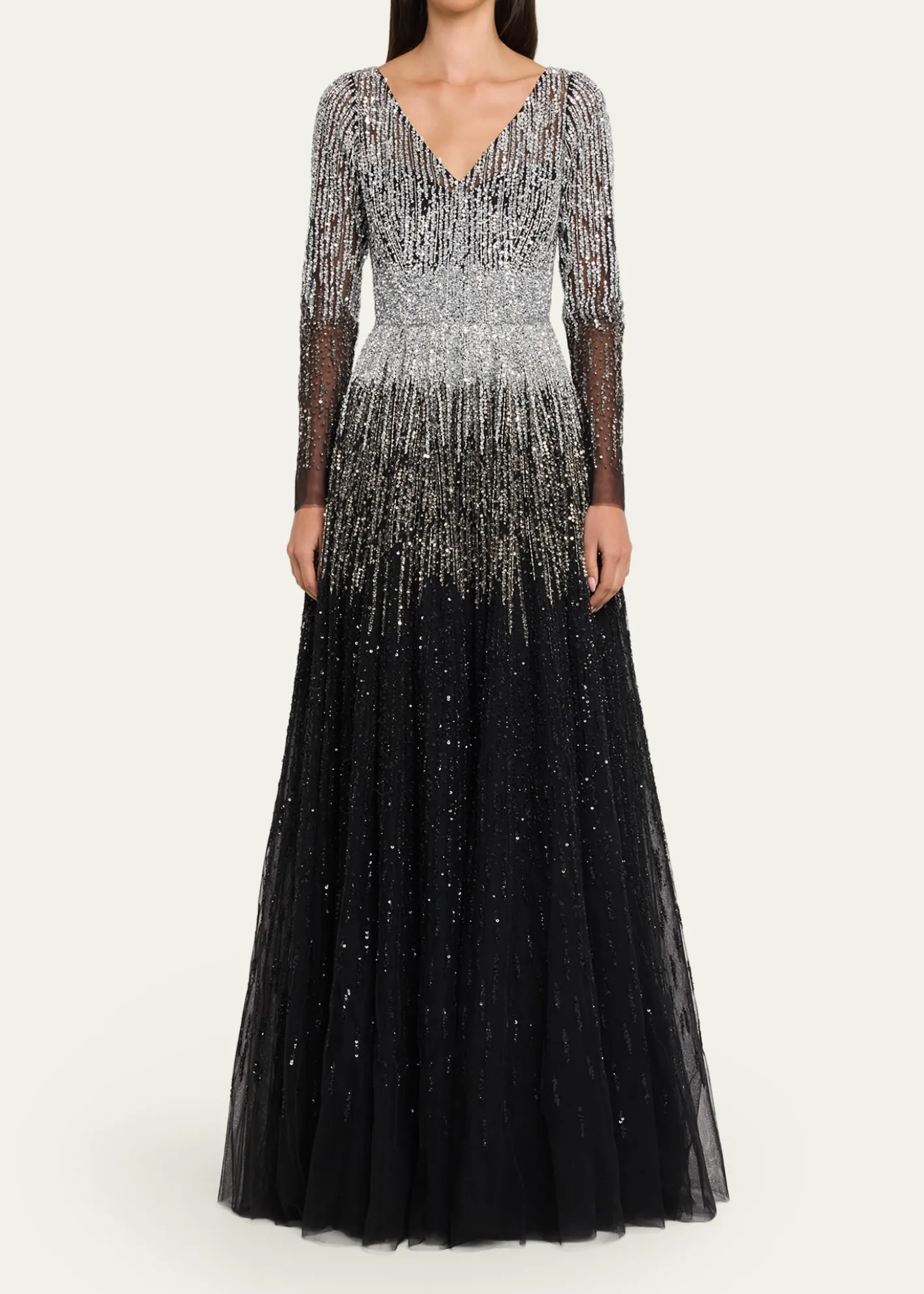 Pamella RolandOmbre Embroidered Tulle Long-Sleeve Gown