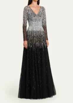 Pamella RolandOmbre Embroidered Tulle Long-Sleeve Gown