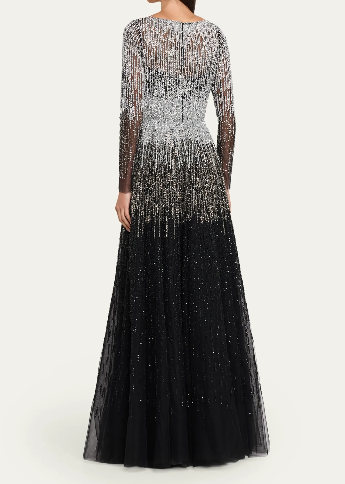 Pamella RolandOmbre Embroidered Tulle Long-Sleeve Gown