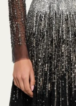 Pamella RolandOmbre Embroidered Tulle Long-Sleeve Gown