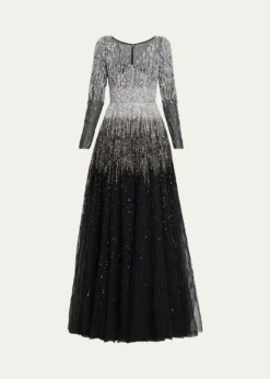 Pamella RolandOmbre Embroidered Tulle Long-Sleeve Gown