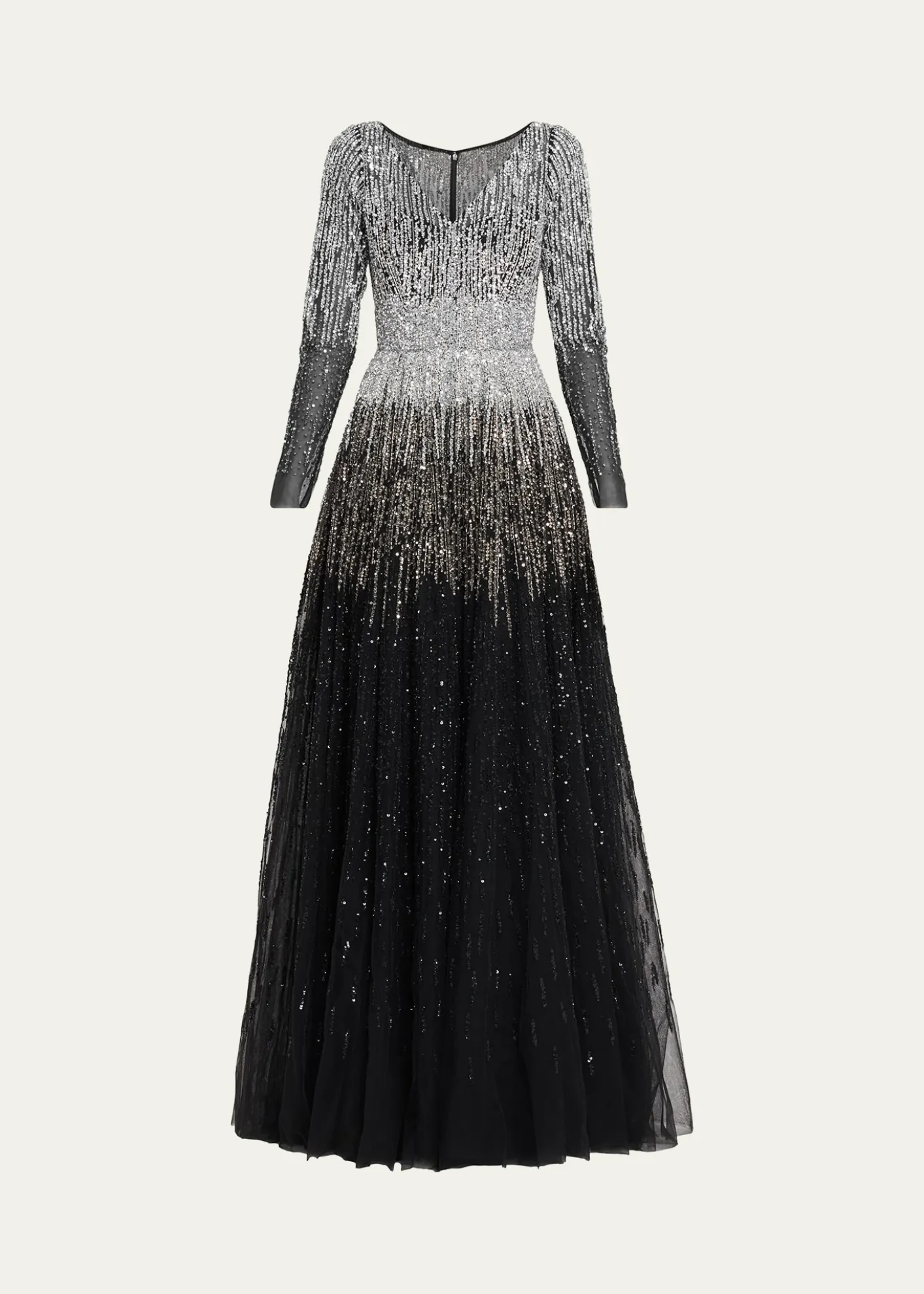 Pamella RolandOmbre Embroidered Tulle Long-Sleeve Gown