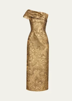 Pamella RolandOne-Shoulder Metallic Jacquard Midi Cocktail Dress