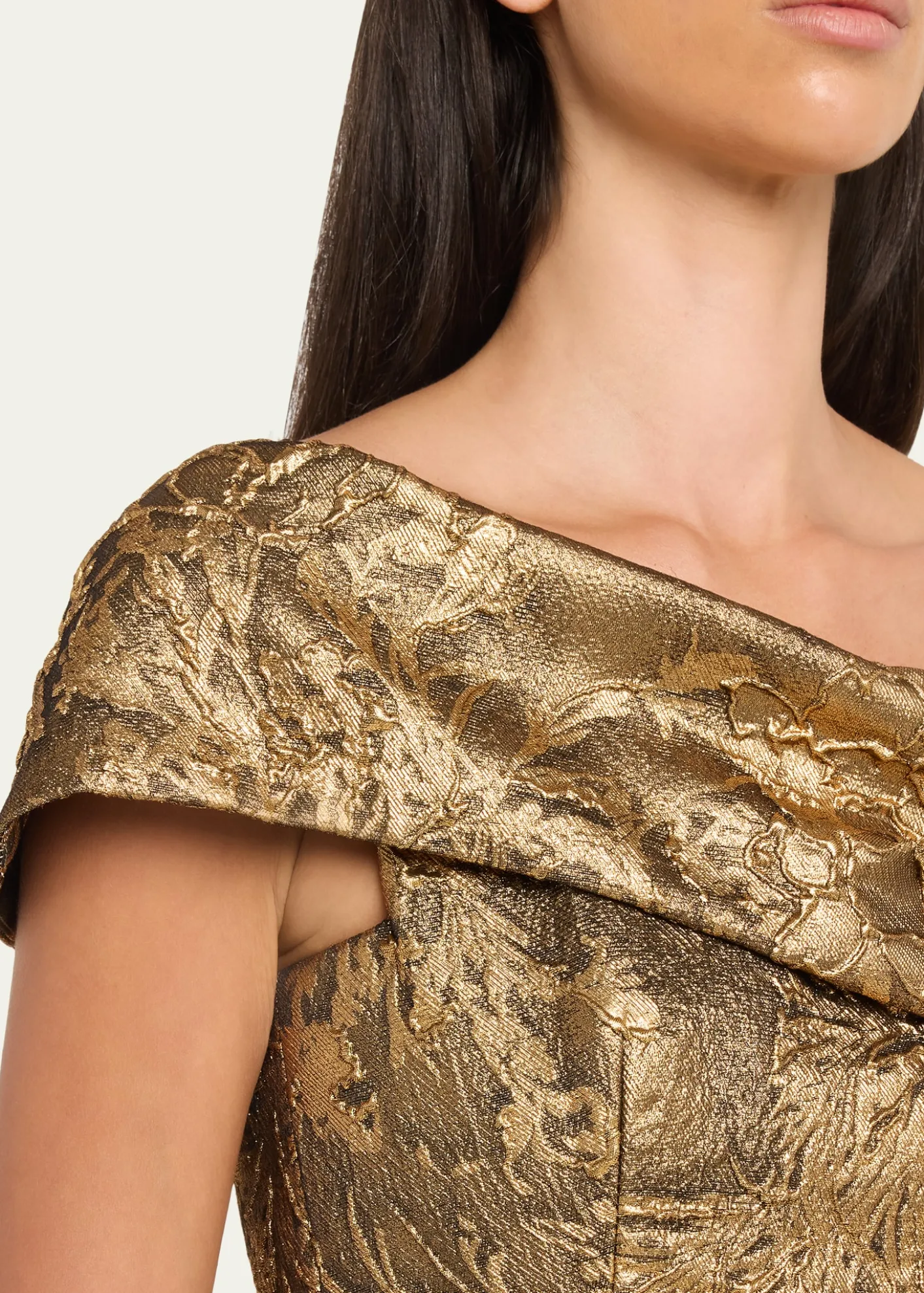 Pamella RolandOne-Shoulder Metallic Jacquard Midi Cocktail Dress