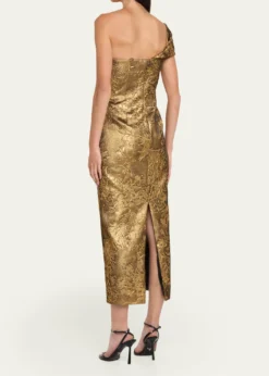 Pamella RolandOne-Shoulder Metallic Jacquard Midi Cocktail Dress