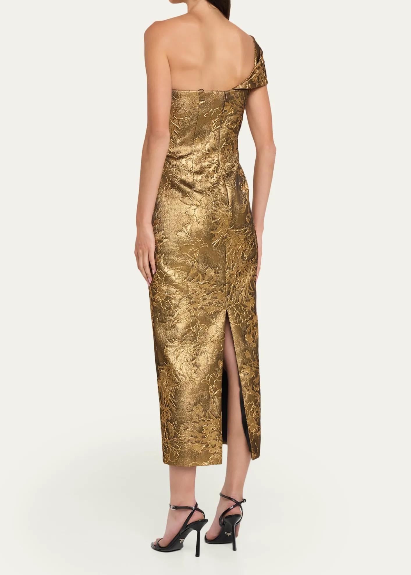 Pamella RolandOne-Shoulder Metallic Jacquard Midi Cocktail Dress