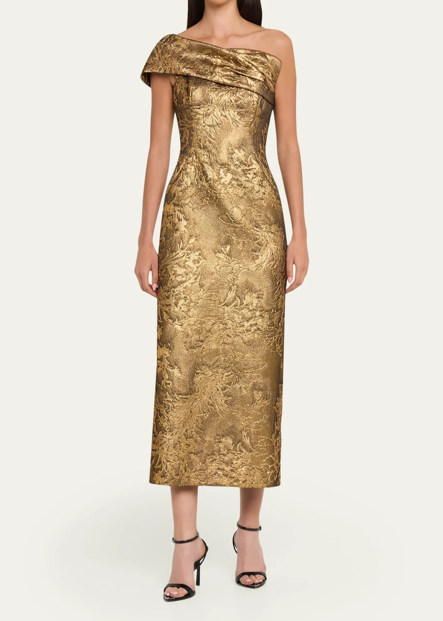 Pamella RolandOne-Shoulder Metallic Jacquard Midi Cocktail Dress